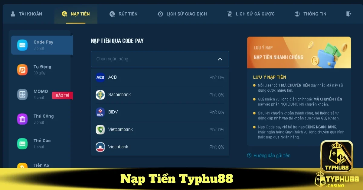 Nạp Tiền Typhu88 - Phương Thức Thanh Toán Tiện Lợi 24/7 4 Ưu đãi khi nạp tiền tại Typhu88